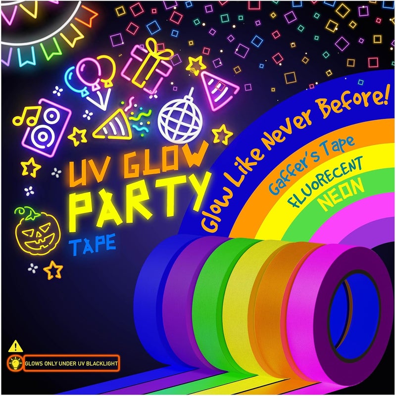 Dexam 6-Pack Neon Gaffer Tape - 0.6 or 1 inch UV Blacklight Reactive Glow in The Dark Tape, Best for Parties, Dance Floors, Theaters & DIY Projects - 6 Vibrant Colors - Image 1